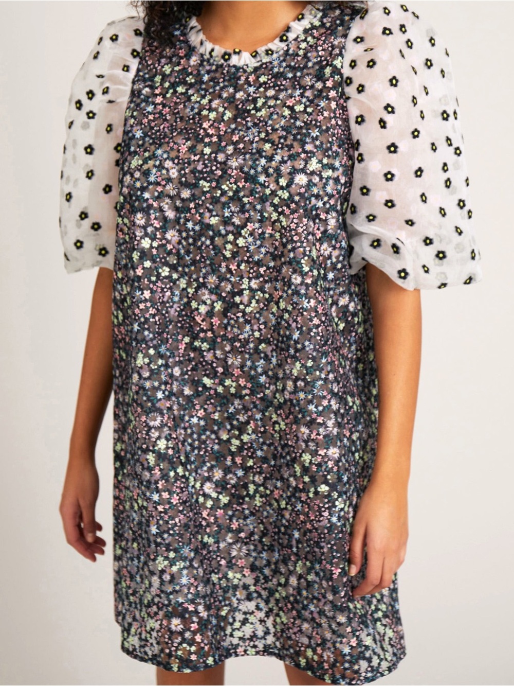 Munthe Sheer Organza Floral Puff Sleeve Shift Dress EU 38 Black/White